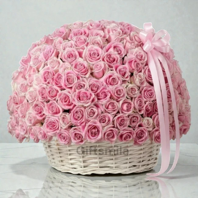 Baby Pink Roses Basket
