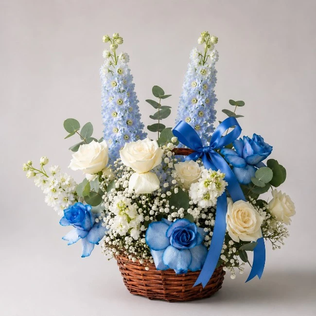 Blue & White Floral Basket Arrangement