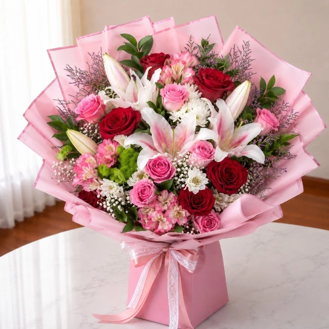 Deluxe Joyful Bouquet Roses Lilies