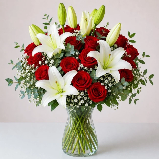 Red Roses & Lily Vase