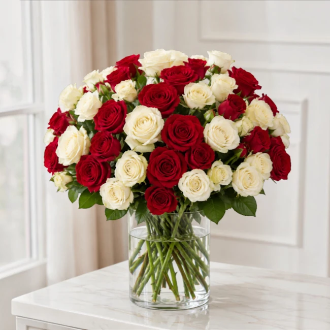 Red and White Roses Vase