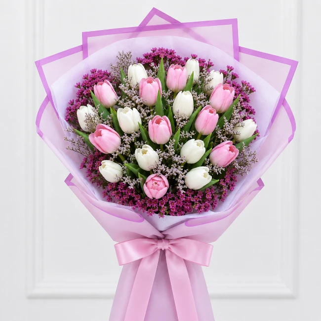 White & Pink Tulips Bouquet