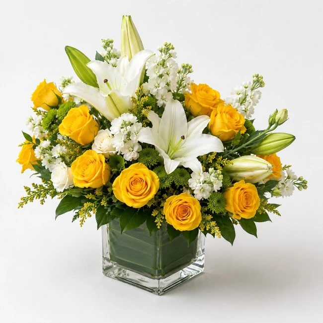 Yellow White Floral Square Vase Arrangement